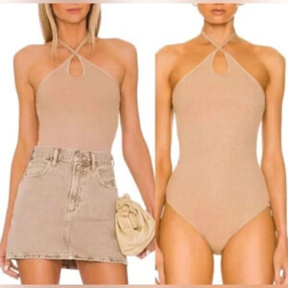 NWT Enza Costa Women’s Tan Ribbed Silk Blend Halter Keyhole Bodysuit - Size S -
